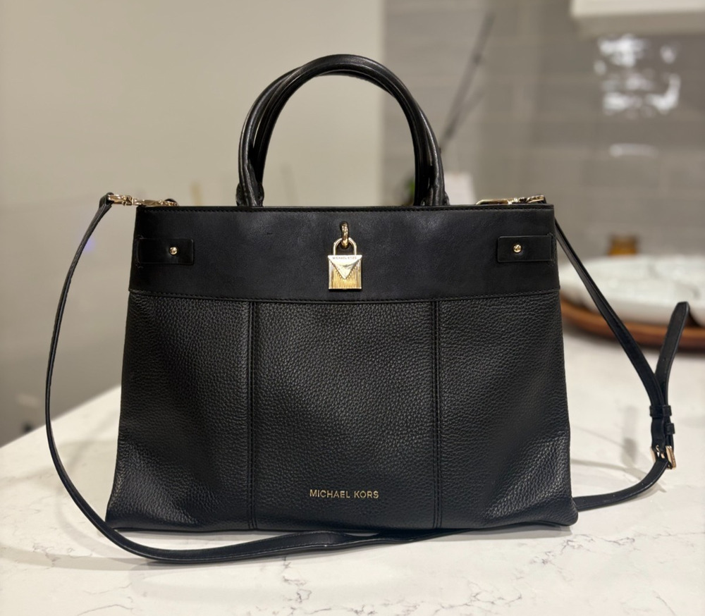 Michael Kors Gramercy Large Pebbled Leather Satchel Black Gold Padlock Tote